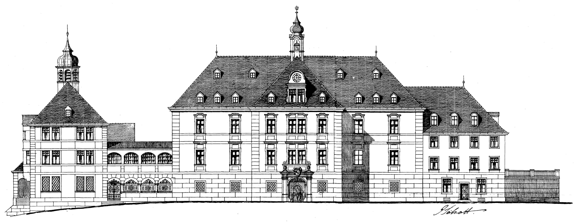 Bild 5: Ansichtzeichnung Nordost von Johann Baptist Schott im Oktober 1912: Ehem. Jagdschlossgebäude (Mitte), Zellentrakt 1910 (rechts) und Klosterkirche 1913-14 (links) Bild 5: Ansichtzeichnung Nordost von Johann Baptist Schott im Oktober 1912: Ehem. Jagdschlossgebäude (Mitte), Zellentrakt 1910 (rechts) und Klosterkirche 1913-14 (links)