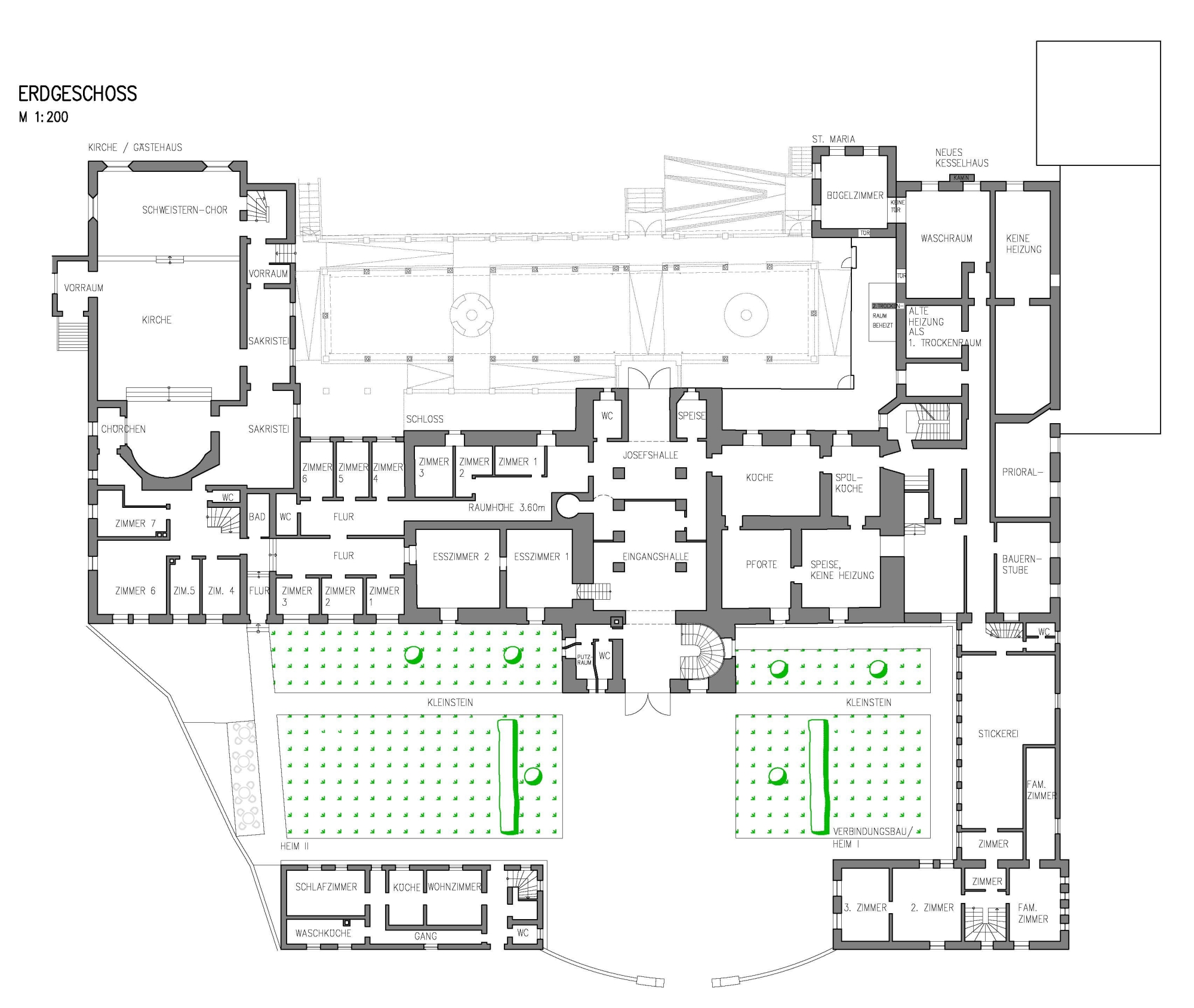 Bild 4: Grundriss Erdgeschoss der Klosteranlage mit ehem. Jagdschloss (Mitte) mit Anbauten Zellentrakt 1910 (rechts) und Klosterkirche 1913-14 (links) Bild 4: Grundriss Erdgeschoss der Klosteranlage mit ehem. Jagdschloss (Mitte) mit Anbauten Zellentrakt 1910 (rechts) und Klosterkirche 1913-14 (links)