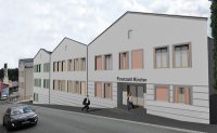 Entlang der Hauptstraße wird der Gebäudekomplex des geplanten Finanzamtsneubaus durch drei giebelständige Fassaden mit jeweils eigener Farbgestaltung gegliedert. Damit fügt sich der Neubau trotz des großen Bauvolumens in den Maßstab der vorhandenen Nachbarbebauung gut ein.