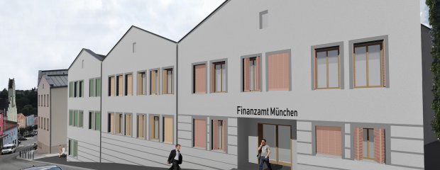 Entlang der Hauptstraße wird der Gebäudekomplex des geplanten Finanzamtsneubaus durch drei giebelständige Fassaden mit jeweils eigener Farbgestaltung gegliedert. Damit fügt sich der Neubau trotz des großen Bauvolumens in den Maßstab der vorhandenen Nachbarbebauung gut ein.