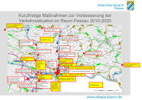 Die Maßnahmen der Lenkungsgruppe Stadt-Land: Die weiß hinterlegten Maßnahmen wurden von 2010 bis 2020 bereits erledigt, die gelb markierten sind in Planung. © Staatliches Bauamt Passau