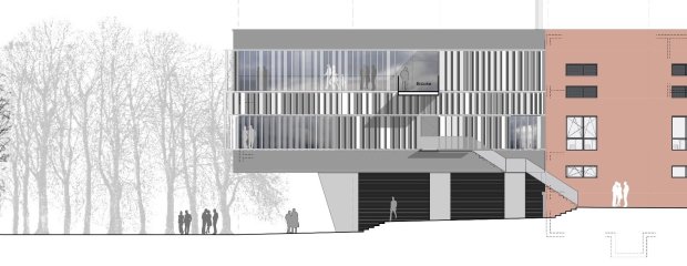 Der Erweiterungsbau ist als Anbau an die bestehende Mensa Richtung Bogenbach geplant. Der Erweiterungsbau ist als Anbau an die bestehende Mensa Richtung Bogenbach geplant.