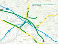 Im Landkreis Deggendorf wurden in den vergangenen Jahren an den Hauptverkehrsachsen bereits Radwege gebaut - durchgehend oder an wichtigen Teilstücken. Grün markiert sind die bestehenden und aktuell geplanten Radwegeverbindungen entlang der drei Bundesstraßen (gelb) B 8, B 11 und B 533 sowie an einigen Staatsstraßen-Abschnitten © Staatliches Bauamt Passau