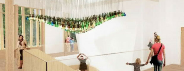 Der Kunst-am-Bau-Siegerentwurf "Welle" aus steuerbar beleuchteten Altglasflaschen des Künstlers Tom Kristen. Der Kunst-am-Bau-Siegerentwurf "Welle" aus steuerbar beleuchteten Altglasflaschen des Künstlers Tom Kristen.
