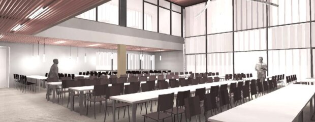 Mit dem neuen Speisesaal wird die Mensa auf künftig 376 Plätze erweitert.