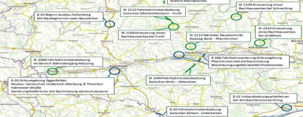 An diesen Bundes- und Staatsstraßen im Landkreis Rottal-Inn plant das Staatliche Bauamt heuer größere Baustellen. An diesen Bundes- und Staatsstraßen im Landkreis Rottal-Inn plant das Staatliche Bauamt heuer größere Baustellen.