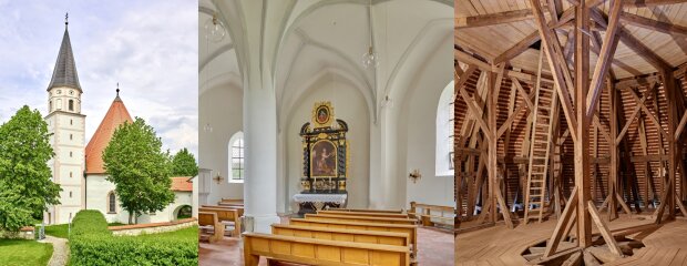Mittelalterliche Rundkirche St. Magdalena in Hausbach: Außenansicht (von links), Innenansicht und Dachstuhl