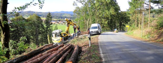 Oberhalb von Auerbach, an der DEG 14 in Richtung Engolling, hat die Baumfällung im Bereich des westlichen Baufeldes begonnen. Dafür musste die beauftragte Firma das Ende der Vegetationsperiode abwarten, am 1. Oktober ging es mit den Arbeiten los. Oberhalb von Auerbach, an der DEG 14 in Richtung Engolling, hat die Baumfällung im Bereich des westlichen Baufeldes begonnen. Dafür musste die beauftragte Firma das Ende der Vegetationsperiode abwarten, am 1. Oktober ging es mit den Arbeiten los.